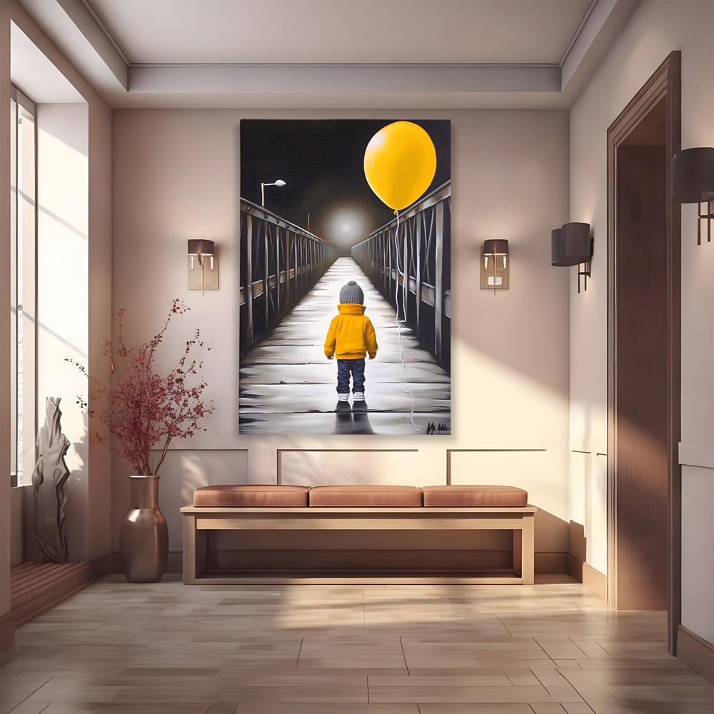 Tablou canvas cu tablou canvas cu un copil si balon galben pe pod, fara rama, pe sasiu de lemn